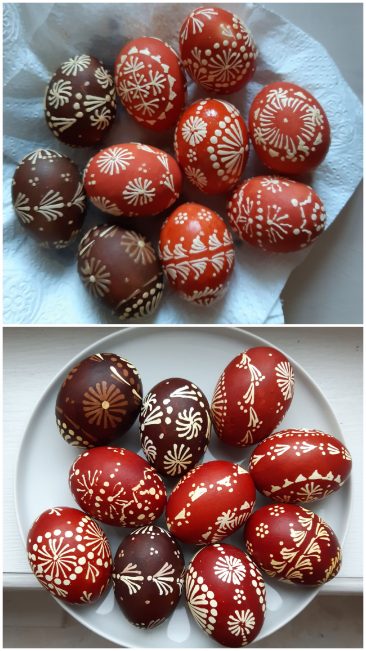 Nevirti kiaušiniai dažyti svogūnų lukštų nuovire ir virti tame pačiame nuovire